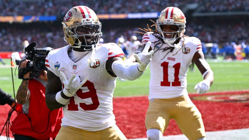 MELBOURNE, AUSTRALIA – SEPTEMBER 11: Deebo Samuel Sr. #19 of the San Francisco 49ers celebrates scoring a touchdown in the fourth quarter of the NFL football game against Los Angeles Rams at the Melbourne Cricket Ground on September 11, 2026 in Melbourne, Australia. (Photo by Quinn Rooney/Getty Images)