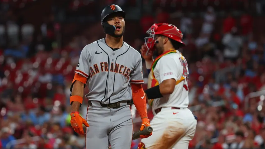 ST LOUIS, MISSOURI – SEPTEMBER 14: Grant McCray #58 of the San Francisco Giants returns to the dugout after striking out against the St. Louis Cardinals in the second inning at Busch Stadium on September 14, 2026 in St Louis, Missouri. (Photo by Dilip Vishwanat/Getty Images)