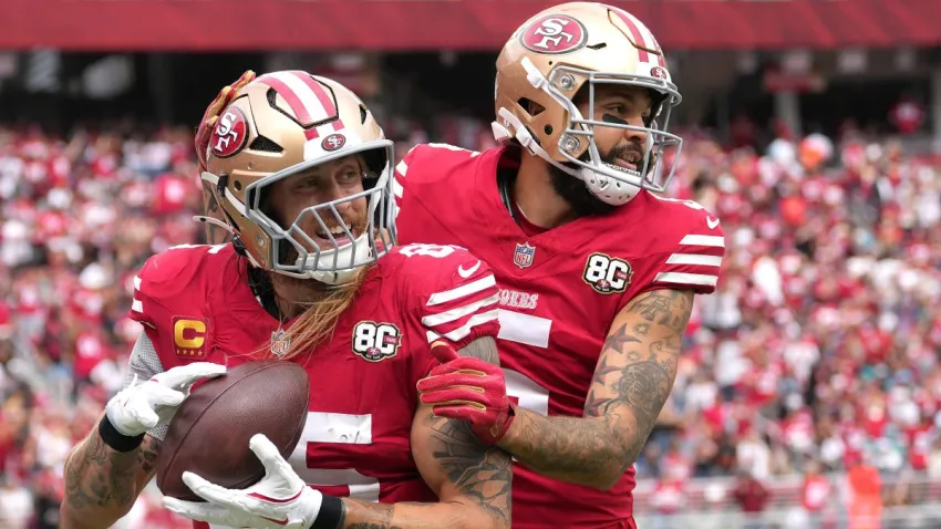 SANTA CLARA, CALIFORNIA – SEPTEMBER 20: George Kittle #85 and Mike Evans #5 of the San Francisco 49ers celebrate after Kittle’s receiving touchdown in the third quarter of a game against the Miami Dolphins at Levi’s Stadium on September 20, 2026 in Santa Clara, California. (Photo by Thearon W. Henderson/Getty Images)
