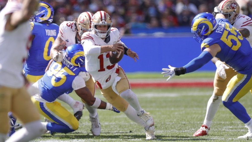MELBOURNE, AUSTRALIA – SEPTEMBER 11: Brock Purdy #13 of the San Francisco 49ers scrambles during the game against the Los Angeles Rams at the Melbourne Cricket Ground on September 11, 2026 in Melbourne, Australia. The 49ers defeated the Rams 27-7. (Photo by Michael Zagaris/San Francisco 49ers/Getty Images)