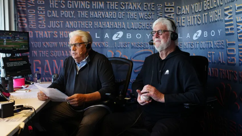SAN FRANCISCO, CALIFORNIA – SEPTEMBER 9: Mike Krukow and Duane Kuiper of the San Francisco Giants prepare for the game against the St. Louis Cardinals at Oracle Park on September 9, 2026 in San Francisco, California. (Photo by Suzanna Mitchell/San Francisco Giants/)