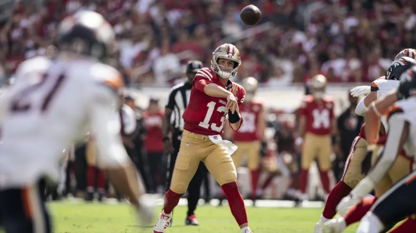 San Francisco 49ers quarterback Brock Purdy (13) makes a throw during the first half of a NFL football game against the Denver Broncos at Levi’s Stadium in Santa Clara, Calif., Sunday, Oct. 4, 2026. (Photo by Stephen Lam/San Francisco Chronicle via Getty Images)