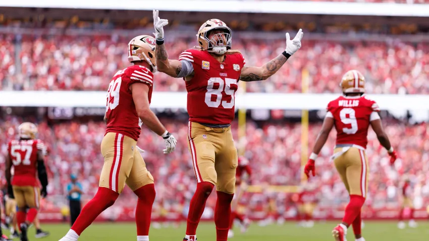 SANTA CLARA, CALIFORNIA – OCTOBER 4: George Kittle #85 of the San Francisco 49ers celebrates after scoring a touchdown during the fourth quarter of an NFL football game against the Denver Broncos at Levi’s Stadium on October 4, 2026 in Santa Clara, California. (Photo by Brooke Sutton/Getty Images)