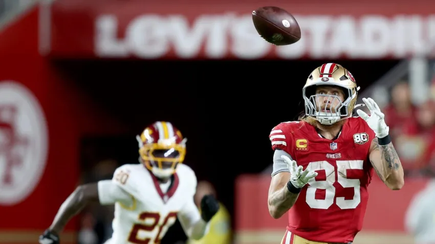 SANTA CLARA, CALIFORNIA – OCTOBER 19: George Kittle #85 of the San Francisco 49ers makes a catch for a first down against the Washington Commanders during the third quarter of the game at Levi’s Stadium on October 19, 2026 in Santa Clara, California. (Photo by Lachlan Cunningham/Getty Images)