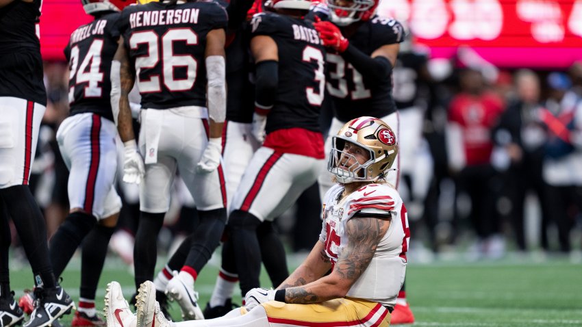 ATLANTA, GEORGIA – OCTOBER 25: George Kittle #85 of the San Francisco 49ers reacts after fumbling the ball against the Atlanta Falcons during an NFL football game at Mercedes-Benz Stadium on October 25, 2026 in Atlanta, Georgia. (Photo by Michael Owens/Getty Images)