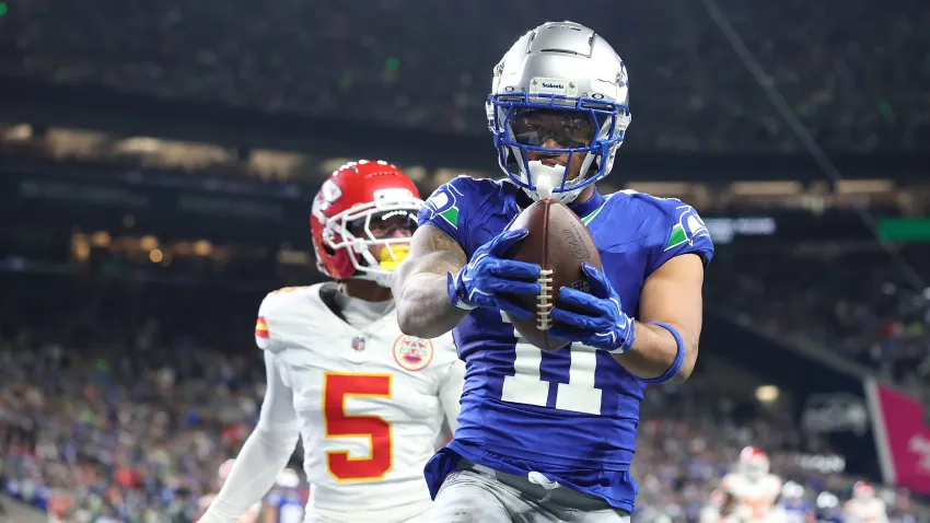 Jaxon Smith-Njigba #11 of the Seattle Seahawks catches a pass.