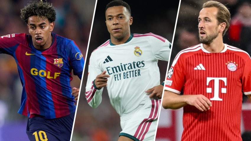 Split image (L-R) of Lamine Yamal, Kylian Mbappe and Harry Kane.