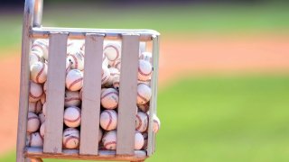 Baseball: New York Mets bucket of baseballs during spring training at Clover Park. Equipment. Port St. Lucie, FL 2/24/2021 CREDIT: Simon Bruty (Photo by Simon Bruty/Sports Illustrated/Getty Images) (Set Number: X163532 TK1)